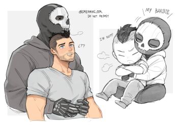 2boys bara black_gloves black_hair blue_eyes call_of_duty call_of_duty:_modern_warfare_2 chibi closed_eyes closed_mouth couple crossed_arms dreaming_oor english_text facial_hair ghost_(modern_warfare_2) gloves grey_hoodie grey_shirt highres hood hood_down hoodie hug hug_from_behind male_focus mask multiple_boys pants shirt short_hair sitting sitting_on_person skull_mask soap_(modern_warfare_2) twitter_username yaoi