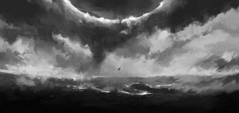 Rule 34 | commentary, crash, english commentary, falling, gi hu, greyscale, highres, horizon, monochrome, night, no humans, ocean, omniscient reader's viewpoint, sky, spacecraft, star (sky), starry sky, very wide shot, waves