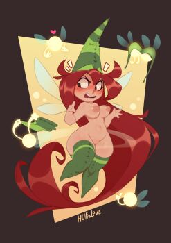 1girl absurdly_long_hair betilla_(rayman) bra breasts conical_hat electoon_(rayman) green_hat green_thighhighs hat highres huffslove long_hair medium_breasts nipples pear-shaped_figure prank pussy rayman_(series) red_hair skirt thighhighs underwear undressing_another unworn_bra unworn_skirt very_long_hair wide_hips