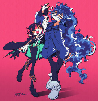 2boys ^_^ artist_name black_bow black_gloves black_jacket black_pants black_shoes blue_hair blue_lips blush bow bowtie closed_eyes commentary_request diagonal-striped_bow diagonal-striped_bowtie diagonal-striped_clothes fangs flipped_hair gloves green_jacket green_vest heart heart_in_mouth highres idia_shroud jacket jacket_on_shoulders lilia_vanrouge long_hair looking_up male_focus messy_hair multiple_boys nail_polish nervous night_raven_college_school_uniform pants pink_background pink_hair ponytail school_uniform shadow shirt shoes short_hair simple_background sizma standing standing_on_one_leg striped_bow striped_bowtie striped_clothes twisted_wonderland two-sided_fabric two-sided_jacket vest white_bow white_bowtie white_shirt white_shoes