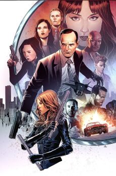 4girls 6+boys agents_of_shield aircraft bald black_hair blue_necktie brown_hair car character_request city commentary dark-skinned_male dark_skin english_commentary explosion facial_hair formal_clothes gun handgun highres holding holding_baton holding_gun holding_weapon jim_cheung long_hair marvel mature_male mockingbird_(marvel) motor_vehicle multiple_boys multiple_girls necktie orange_hair parted_lips phil_coulson prosthesis prosthetic_arm red_lips short_hair suit third-party_source very_short_hair weapon western_comics_(style)