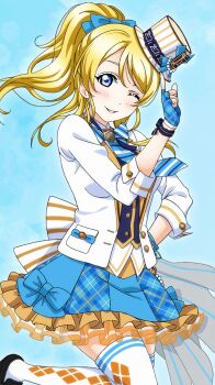 Rule 34 | 1girl, ;), aqua bow, aqua necktie, aqua skirt, artist name, artist request, ayase eli, back bow, black shoes, blonde hair, blue eyes, blue gloves, blue necktie, blush, bow, breasts, cardigan, collared shirt, dress, dress shirt, female focus, fingerless gloves, floating hair, frilled skirt, frills, gloves, hair between eyes, hair bow, hat, high ponytail, highres, jacket, long hair, looking at viewer, love live!, love live! school idol festival, love live! school idol festival after school activity, love live! school idol project, mini hat, mini top hat, miniskirt, nail (hardware), nail polish, necktie, one eye closed, orange skirt, parted lips, pink nails, plaid clothes, plaid dress, plaid skirt, pleated, pleated dress, pleated skirt, ponytail, shirt, shoes, skirt, sleeve cuffs, smile, solo, standing, standing on one leg, striped bow, striped clothes, striped headwear, striped necktie, top hat, white bow, white cardigan, white hat, white jacket, white legwear, wink, wrist bow