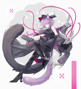 1girl absurdres animal_ears arknights ascot bang_dream! bang_dream!_it's_mygo!!!!! bare_shoulders bird black_ascot black_boots black_dress black_gloves black_hat black_pantyhose boots breasts cat_ears cat_girl cat_tail chinese_commentary closed_mouth commentary_request dove dress from_hat_trick full_body gloves hat highres looking_at_viewer magician medium_breasts one_eye_closed pantyhose purple_eyes purple_hair que_zi_xu_ran short_dress short_hair smile solo standing standing_on_one_leg tail thigh_boots yuutenji_nyamu yuutenji_nyamu_(magician_of_passion)