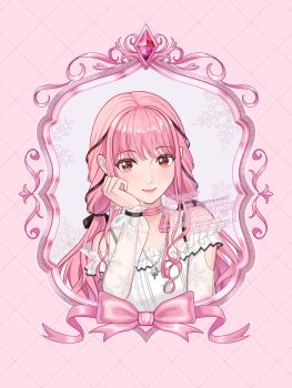 Rule 34 | 1girl, argyle background, arm cutout, bead necklace, beads, black bow, black ribbon, bow, bow choker, bowtie, brown eyes, buttons, center frills, choker, closed mouth, clothing cutout, collarbone, cropped torso, diamond (gemstone), eyelashes, frilled shirt, frilled sleeves, frills, gem, hair bow, hair ribbon, hand on own cheek, hand on own face, happy, highres, infinity nikki, jewelry, light blush, lipstick, long hair, long sidelocks, long sleeves, looking at viewer, low twintails, makeup, mirror, nao (sprinkanao), necklace, nikki (nikki), nikki (series), off-shoulder shirt, off shoulder, perfect start (infinity nikki), pink background, pink bow, pink bowtie, pink choker, pink gemstone, pink hair, pink lips, print shirt, puffy long sleeves, puffy sleeves, ribbon, see-through clothes, see-through sleeves, shirt, sidelocks, single stripe, sleeves past wrists, smile, snowflake print, solo, star (symbol), star necklace, striped bow, striped bowtie, striped choker, striped clothes, tress ribbon, twintails, watermark, wavy hair, white shirt