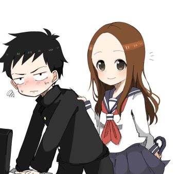 Rule 34 | 1boy, 1girl, black jacket, black pants, blue sailor collar, blue skirt, blush, brown eyes, brown hair, closed mouth, commentary request, forehead, gakuran, holding, holding umbrella, jacket, karakai jouzu no takagi-san, long hair, long sleeves, nishikata, nose blush, pants, parted bangs, pleated skirt, riruko (tbskt6800), sailor collar, school uniform, serafuku, shirt, simple background, skirt, smile, squiggle, sweat, takagi-san, umbrella, v-shaped eyebrows, white background, white shirt