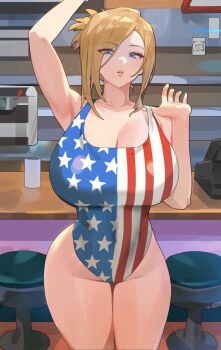 1girl american_flag american_flag_print american_flag_swimsuit bar_stool blonde_hair blue_eyes breasts cash_register cleavage commission diner eyes_visible_through_hair flag_print highres hood_(james_x) huge_breasts large_breasts looking_at_viewer one-piece_swimsuit original parted_lips solo stool swimsuit