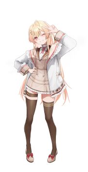 1girl absurdres black_thighhighs blonde_hair blush collar dress frilled_collar frills hand_on_own_hip highres hololive hololive_dev_is jacket long_hair looking_at_viewer one_eye_closed one_side_up open_mouth otonose_kanade otonose_kanade_(1st_costume) red_eyes shoes skindentation solo soriham standing teeth thigh_strap thighhighs v very_long_hair virtual_youtuber white_background white_jacket yellow_dress zettai_ryouiki