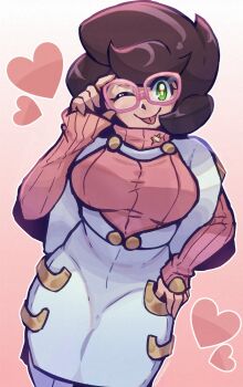 1girl adjusting_eyewear big_hair breasts capelet glasses gradient_background green_eyes hand_on_own_hip hand_up heart high-waist_skirt highres large_breasts long_sleeves lunatuneflowers medium_skirt nintendo one_eye_closed pencil_skirt pink-framed_eyewear pink_background pink_sweater pokemon pokemon_sm purple_hair ribbed_sweater short_hair skirt smile solo sweater sweater_guard tongue tongue_out turtleneck turtleneck_sweater white_capelet white_skirt wicke_(pokemon)