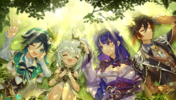 Rule 34 | 2boys, 2girls, absurdres, arm up, blurry, breasts, bridal gauntlets, brown hair, chinese clothes, cleavage, closed eyes, dappled sunlight, depth of field, dress, elbow rest, erachi, genshin impact, grass, green eyes, green hair, hair between eyes, hair ornament, hand on own cheek, hand on own face, happy, hat, headpat, highres, japanese clothes, large breasts, light blush, long hair, long sleeves, looking at viewer, looking to the side, lying, multiple boys, multiple girls, nahida (genshin impact), neck ribbon, off shoulder, on back, on ground, one eye closed, open mouth, outdoors, purple eyes, purple hair, raiden shogun, red sash, red skirt, ribbon, sash, short hair, side ponytail, skirt, sleeping, smile, sunlight, tree, v, venti (genshin impact), zhongli (genshin impact)