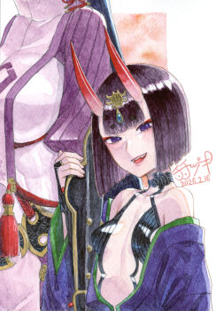 Rule 34 | 2girls, armor, bare shoulders, bodysuit, breasts, elbow gloves, eyeliner, fate/grand order, fate (series), gloves, headpiece, highres, horns, japanese armor, japanese clothes, kimono, kote, large breasts, long hair, long sleeves, looking at viewer, makeup, minamoto no raikou (fate), minamoto no raikou (first ascension) (fate), multiple girls, off shoulder, oni, purple bodysuit, purple eyes, purple hair, purple kimono, revealing clothes, ribbed sleeves, short hair, shuten douji (fate), skin-covered horns, small breasts, tabard, tassel, titiduki (manman-ya), traditional media, very long hair, wide sleeves