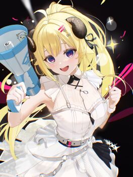 1girl ahoge animal_ears belt black_background blonde_hair blush breasts cowboy_shot double-parted_bangs dress edge_ill grey_belt hair_ornament hairclip hands_up hashtag-only_commentary highres holding holding_megaphone hololive horns long_hair looking_at_viewer medium_breasts megaphone official_alternate_costume official_alternate_hairstyle open_mouth parallel_hairclips purple_eyes sheep_ears sheep_girl sheep_horns sleeveless sleeveless_dress smile solo tsunomaki_watame tsunomaki_watame_(watame_night_fever!!) virtual_youtuber white_dress