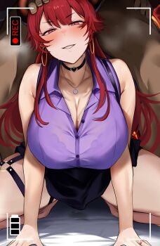 Rule 34 | 1boy, 1girl, absurdres, all fours, battery indicator, black choker, blush, bra visible through clothes, breasts, choker, cleavage, clothed female nude male, dola (7th costume) (nijisanji), dola (nijisanji), dragon girl, earrings, hand on another's head, head out of frame, highres, hoop earrings, horns, hoshara, jewelry, large breasts, long hair, looking at viewer, nijisanji, nude, purple shirt, recording, red eyes, red hair, shirt, skirt, sleeveless, smile, squatting, viewfinder, virtual youtuber