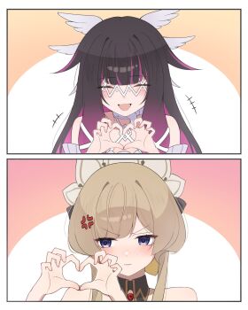 Rule 34 | 2girls, anger vein, bare shoulders, black collar, black hair, blue eyes, blush, bonnet, brown hair, closed eyes, closed mouth, collar, columbina (genshin impact), detached collar, dress, eye mask, faynths, finger heart, four-finger heart hands, gem, genshin impact, hair flaps, hair ornament, hand up, hashtag-only commentary, head wings, headdress, heart, heart hands, highres, long hair, long sidelocks, mask, multicolored hair, multiple girls, multiple wings, open mouth, purple hair, purple streaks, red gem, ribbon, sandrone (genshin impact), see-through clothes, see-through mask, short hair with long locks, sidelocks, smile, streaked hair, two-tone hair, upper body, white dress, white headdress, white mask, white wings, wing hair ornament, wings, x-shaped eyewear, yuri