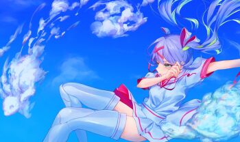 1girl blue_dress blue_hair blue_sky blue_thighhighs character_request closed_mouth cloud commentary_request copyright_request dress floating_hair from_side green_eyes hair_ornament hand_up highres long_hair okubatomaeba shaped_cloud short_dress short_sleeves sky solo tearing_up thighhighs twintails x_hair_ornament