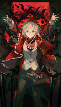 1girl absurdres arms_up black_coat black_gloves black_pants coat dark_background eye_symbol feet_out_of_frame fingerless_gloves gloves grey_hair grin hands_up highres jacket legs_apart long_hair looking_at_viewer meiyou_lizhi open_clothes open_coat pants quad_braids red_eyes red_scarf reverse:1999 rubuska scarf single_glove smile solo standing teeth white_jacket