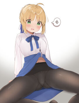 1girl ahoge aizawa85 anger_vein artoria_pendragon_(fate) black_pantyhose blonde_hair blue_bow blue_skirt blush bow bow_panties braid breasts clothes_lift collared_shirt commentary_request dress_shirt fate/stay_night fate_(series) feet_out_of_frame gluteal_fold gradient_background green_eyes grey_background hair_bow highres hook medium_breasts panties panties_under_pantyhose pantyhose parted_lips saber_(fate) shirt sidelocks skirt skirt_lift solo spoken_anger_vein spread_legs sweat underwear white_background white_shirt