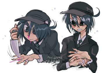 1boy bandages bandaid baseball_cap black_hat black_suit blood danganronpa_(series) danganronpa_v3:_killing_harmony formal_clothes hat highres holding holding_knife implied_self-harm knife knife_game nosebleed official_alternate_costume pink_blood preqame saihara_shuichi stab star_(symbol) suit tail