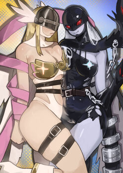 Rule 34 | 2girls, absurdres, angel wings, angewomon, belt, black bodysuit, blonde hair, blue skin, bodysuit, breasts, brown belt, cleavage, closed mouth, colored skin, digimon, digimon (creature), fang, grey hair, head wings, helmet, highres, ladydevimon, leotard, long hair, looking at viewer, medium breasts, miao jiangyou, multiple girls, red eyes, sidelocks, smile, thigh strap, white leotard, wings