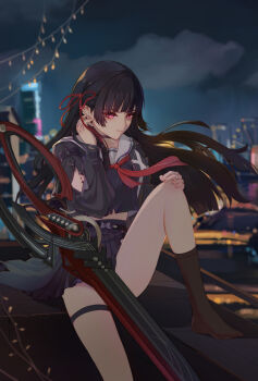 1girl 603dekuankuan absurdres arm_cutout black_choker black_hair black_jacket black_shirt black_skirt breasts chinese_commentary chisa_(wuthering_waves) choker closed_mouth clothing_cutout commentary_request crop_top hair_ribbon hand_on_own_knee hand_up highres jacket knee_up long_hair long_sleeves looking_at_viewer medium_breasts neckerchief night no_shoes outdoors partial_commentary red_eyes red_neckerchief red_ribbon ribbon sailor_collar shirt skirt solo sword tacet_mark_(wuthering_waves) thigh_strap thighs weapon white_sailor_collar wind wuthering_waves