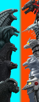 absurdres amanatto blue_background blue_eyes colored_sclera colored_teeth compound_eyes crossover cyborg dinosaur glowing glowing_eye glowing_eyes godzilla godzilla:_city_on_the_edge_of_battle godzilla:_planet_of_the_monsters godzilla_(series) godzilla_against_mechagodzilla godzilla_earth godzilla_vs._kong godzilla_vs._mechagodzilla godzilla_vs._mechagodzilla_ii highres kaiju king_kong_(series) kiryu_(godzilla) legendary_pictures mecha mechagodzilla mechagodzilla_(godzilla:_city_on_the_edge_of_battle) mechagodzilla_(monsterverse) molten_metal monster monsterverse multiple_persona no_humans no_pupils open_mouth red_background red_eyes roaring robot sharp_teeth simple_background spikes super_robot teeth toho tokusatsu tongue two-tone_background yellow_eyes yellow_sclera yellow_teeth