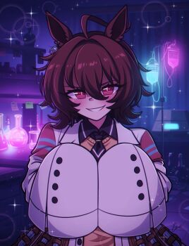 1girl agnes_tachyon_(tach-nology)_(umamusume) agnes_tachyon_(umamusume) ahoge animal_ears bandolier belt blush_stickers brown_hair chemical_structure coat collared_shirt evil_smile hair_between_eyes highres horse_ears horse_girl indoors lab_coat laboratory littlecloudie long_sleeves looking_at_viewer open_clothes open_coat red_eyes shirt sleeves_past_fingers sleeves_past_wrists smile solo sweater sweater_vest test_tube test_tube_holster umamusume yellow_sweater yellow_sweater_vest