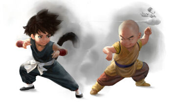 Rule 34 | 2boys, bald, bald male, black eyes, black hair, dragon ball, dragon ball (classic), fighting stance, flying nimbus, happy, kuririn, martial arts, multiple boys, realistic, sangsoo jeong, shaolin monk, smile, smug, son goku, tail
