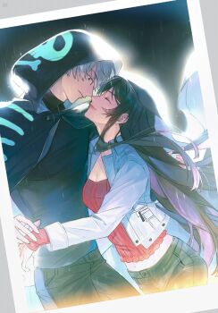 1boy 1girl black_cloak black_hair black_pants black_shirt blue_eyes border breasts cleavage cloak closed_eyes closed_mouth commentary couple cowboy_shot english_commentary grey_background grey_hair grey_jacket gymnopedies2 hair_between_eyes hetero highres hood hood_up hooded_cloak jacket light_smile long_hair looking_at_another love_and_deepspace medium_breasts midriff pants protagonist_(love_and_deepspace) red_shirt shirt short_hair white_border xavier_(love_and_deepspace)