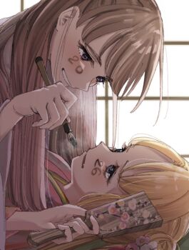 2026 2girls backlighting blonde_hair brown_hair calligraphy_brush commentary_request double_bun drawing_on_another's_face eye_contact facepaint fang fujishima_megumi grin hagoita hair_bun hino_(hinonoq) holding holding_calligraphy_brush holding_paddle holding_paintbrush japanese_clothes kimono link!_like!_love_live! long_hair looking_at_another love_live! lying mira-cra_park! multiple_girls on_back open_mouth osawa_rurino paddle paintbrush pink_kimono purple_eyes purple_kimono skin_fang smile virtual_youtuber yuri