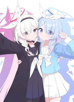 2girls absurdres arona_(blue_archive) bad_tag black_choker black_coat black_hairband black_sailor_collar black_serafuku black_shirt black_skirt blue_archive blue_eyes blue_hair blue_halo blue_shirt bow bow_hairband braid bright_pupils choker chromatic_aberration closed_mouth coat commentary cowboy_shot drop_shadow eyes_visible_through_hair grey_eyes hair_bow hair_over_one_eye hairband halo hand_on_another's_back hand_up highres long_bangs long_hair multiple_girls neckerchief open_clothes open_coat outstretched_arm parted_bangs pink_halo plana_(blue_archive) pleated_skirt sailor_collar school_uniform serafuku shirt short_hair simple_background skirt sleeve_cuffs smile standing straight_hair v very_long_hair white_background white_bow white_choker white_hair white_hairband white_neckerchief white_sailor_collar white_skirt yydata1