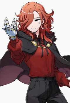 1girl black_cape black_eyes black_pants cape commentary cowboy_shot english_commentary grin hair_over_one_eye highres looking_at_hand medium_hair open_mouth original pants prosthesis prosthetic_hand red_hair red_shirt rhapsodyxvi shirt shirt_tucked_in simple_background smile solo teeth white_background