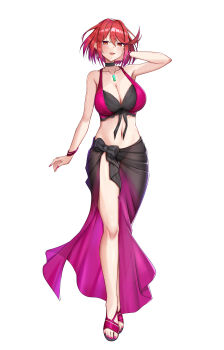 1girl absurdres adjusting_hair alternate_costume backon bikini black_bikini black_choker blush bracelet breasts chest_jewel choker cleavage collarbone commission cosplay dorothea_arnault dorothea_arnault_(cosplay) dorothea_arnault_(summer) fire_emblem fire_emblem:_three_houses fire_emblem_heroes frilled_choker frills full_body gradient_sarong high_heel_sandals highres intelligent_systems jewelry large_breasts looking_at_viewer monolith_soft multicolored_bikini nail_polish navel nintendo open_mouth pixiv_commission pyra_(xenoblade) red_bikini red_eyes red_hair red_sandals sandals sarong short_hair simple_background smile solo standing stomach swimsuit tachi-e toenail_polish toenails two-tone_bikini variant_set white_background xeno_(series) xenoblade_chronicles_(series) xenoblade_chronicles_2