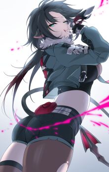 1girl absurdres animal_ears ass black_gloves black_shorts commentary cowboy_shot fingerless_gloves fingernails floating_hair fur-trimmed_jacket fur_trim gloves green_eyes green_hair green_jacket high-waist_shorts highres jacket jane_doe_(zenless_zone_zero) long_hair looking_at_viewer mouse_ears mouse_girl mouse_tail nail_polish oxygen_mask_(oxygenmask233) pantyhose red_hair red_nails shorts sidelocks simple_background smile solo tail torn_clothes torn_pantyhose white_background zenless_zone_zero