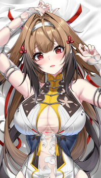 1girl absurdres arm_up armpits bare_shoulders bed_sheet breasts brown_hair cleavage commentary_request detached_sleeves elze_(s01047480836) hair_intakes hairband hand_up highres korean_commentary large_breasts leotard long_hair long_sleeves looking_at_viewer lying on_back open_mouth red_eyes see-through_cleavage see-through_clothes solo very_long_hair white_leotard ye_shunguang zenless_zone_zero