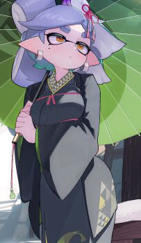 Rule 34 | 1girl, black haori, black kimono, blush, breasts, closed mouth, cowboy shot, cross-shaped pupils, earrings, from below, grey hair, hair ornament, haori, highres, hizake mozu, holding, holding umbrella, hoop earrings, inkling, japanese clothes, jewelry, kanzashi, kimono, marie (kimono) (splatoon), marie (splatoon), mole, mole under eye, nihongami, nintendo, oil-paper umbrella, pointy ears, slit pupils, small breasts, solo, splatoon (series), splatoon 2, standing, symbol-shaped pupils, tassel, tassel hair ornament, tentacle hair, thick eyebrows, umbrella, umbrella tassel, uroko (pattern), wide sleeves, yellow eyes