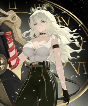 1girl absurdres ahoge arm_strap black_choker black_gloves black_horns black_pants black_tail blonde_hair breasts bright_pupils button_gap choker cleavage collarbone commentary cowboy_shot curled_horns gloves hair_between_eyes high-waist_pants highres holding holding_shield horns kai_(zzdv7453) large_breasts long_hair looking_at_viewer mole mole_under_eye necktie necktie_around_wrists pants red_eyes red_necktie shield shirt shirt_tucked_in solo tail tight_clothes tight_pants white_pupils white_shirt wuthering_waves zani_(wuthering_waves)
