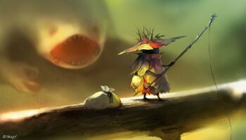 1other blood blood_on_face blurry blurry_background branch colored_skin creature fishing fishing_rod hat holding holding_fishing_rod hunting leaf leaf_clothing leaf_hat maddoze open_mouth original red_eyes sack sharp_teeth signature standing teeth