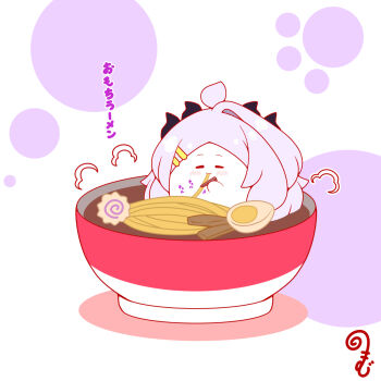 ahoge blue_archive blush bowl chopsticks closed_eyes closed_mouth colored_shadow eating facing_viewer food grey_hair hair_ornament hairclip halo highres hina_(blue_archive) holding holding_chopsticks horns in_food kamaboko kurukurumagical long_hair mini_person minigirl motion_lines narutomaki noodles parted_bangs ramen shadow single_hair_intake solo translation_request very_long_hair white_background