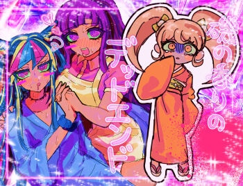 3girls absurdres aoiringo apron black_hair blonde_hair blood blood_splatter blue_hair blue_skirt blue_streaks blush blush_stickers bow breasts collarbone collared_shirt commentary_request crazy_eyes danganronpa_(series) danganronpa_2:_goodbye_despair drooling eyelashes hair_bow hair_horns heart highres holding_hands hospital_gown japanese_clothes kimono long_hair mioda_ibuki mole mole_under_eye mouth_drool multicolored_hair multiple_girls nose_blush obi open_mouth orange_eyes orange_kimono outline pink_blood pink_eyes pink_hair pink_shirt pink_streaks purple_eyes purple_hair ringed_eyes saionji_hiyoko sandals sash scrunchie shirt short_sleeves single_blush_sticker skirt sleeves_past_fingers sleeves_past_wrists smile sparkle spoilers streaked_hair sweat tearing_p teeth translation_request tsumiki_mikan twintails upper_teeth_only wavy_eyes white_apron white_hair white_outline wrist_scrunchie