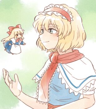 Rule 34 | 1girl, alice margatroid, blonde hair, blue dress, blue eyes, blush, bow, capelet, closed mouth, commentary request, doll, dress, floating, hairband, hand up, hijiki (hijiri st), lolita hairband, long hair, long sleeves, medium hair, red bow, shanghai doll, short sleeves, smile, touhou, white capelet