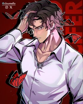 1boy artist_name brown_eyes brown_hair bug butterfly butterfly_necklace cloumello collarbone collared_shirt commentary earrings hand_in_own_hair hand_on_own_head highres indie_virtual_youtuber insect jewelry kyrio_cifer long_sleeves looking_at_viewer male_focus muscular muscular_male necklace parted_lips red_background red_butterfly ring shirt short_hair solo upper_body virtual_youtuber white_shirt