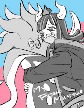 1girl 1other blush crossover english_text gen_6_pokemon greyscale_with_colored_background happy horns hug jacket long_hair looking_at_another malamar mask meme monochrome mouth_mask multicolored_hair my_friend_malamar_(meme) nintendo one_piece open_mouth poke_ball pokemon pokemon_(creature) pokemon_focus raine_(acke2445) smile split-color_hair star_(symbol) tentacles two-tone_background ulti_(one_piece)