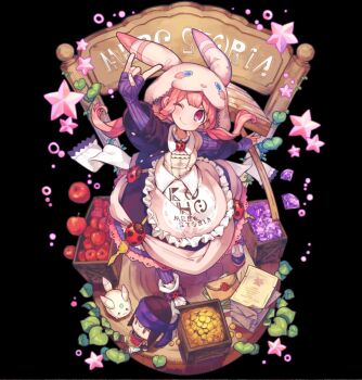 1girl animal_ears animal_hat animal_hood apple apron black_background child coin copyright_name crystal dice dress fake_animal_ears fingerless_gloves food fruit full_body gem gloves hat highres hood long_hair looking_at_viewer merc_storia official_art one_eye_closed pantyhose pink_eyes pink_hair purple_gloves rabbit_ears rabbit_hood smile solo star_(symbol) striped_clothes striped_gloves striped_pantyhose tachi-e titi_(merc_storia) treasure_chest twintails vertical-striped_clothes vertical-striped_pantyhose