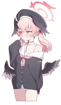 1girl arm_at_side averting_eyes beret black_cardigan black_hat black_wings blue_archive cardigan choppy_bangs closed_mouth cropped_legs halo hand_up hat head_wings highres koharu_(blue_archive) long_hair long_sleeves mini_wings neckerchief no_pants off_shoulder panties pink_eyes pink_hair pink_halo pink_neckerchief rakugaki_ningen sailor_collar simple_background sleeves_past_fingers sleeves_past_wrists solo standing twintails underwear white_background white_panties white_sailor_collar wings