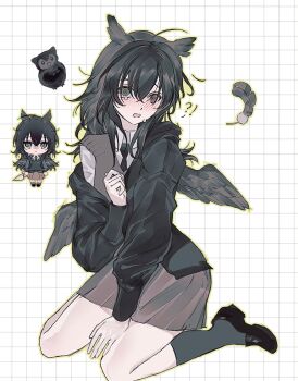 Rule 34 | !?, 1girl, ankle socks, bird, black feathers, black hair, black jacket, black necktie, black shoes, blush, brown skirt, brown sweater vest, chibi, chibi inset, collared shirt, crying, crying with eyes open, curled fingers, degrees of lewdity, double-parted bangs, dress shirt, empty eyes, feathered wings, feathers, freesia quan, green eyes, grey socks, grid background, hair between eyes, head tilt, highres, holding, holding knife, hood, hooded jacket, jacket, jacket partially removed, knife, kylar (degrees of lewdity), kylar (female) (degrees of lewdity), loafers, long hair, long sleeves, looking at viewer, loose hair strand, messy hair, miniskirt, multiple views, necktie, open mouth, outline, owl, owl ears, owl girl, pleated skirt, ringed eyes, school uniform, shirt, shoes, simple background, sitting, skirt, socks, sweater vest, tearing up, tears, white background, wing collar, wings, yellow outline
