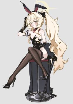 1girl :3 absurdres alternate_costume alternate_hairstyle animal_ears arm_garter arm_up armband bar_stool bare_shoulders black_bow black_gloves black_jacket black_leotard black_shoes black_thighhighs blue_archive blush bow bowtie breasts cane cleavage closed_mouth commentary detached_collar fake_animal_ears food frilled_armband frills garter_straps gloves green_eyes grey_background hair_between_eyes hair_bow half-closed_eyes halo high_heels highleg highleg_leotard highres holding holding_cane holding_food jacket lace lace_thighhighs leotard loli long_hair looking_at_viewer nekoplanetouo off_shoulder playboy_bunny professor_niyaniya_(blue_archive) rabbit_ears red_bow red_bowtie shoes side_ponytail simple_background sitting sketch small_breasts smile smug solo split_mouth stool strapless strapless_leotard symbol-only_commentary thighhighs thighs very_long_hair wavy_hair white_background yellow_halo zettai_ryouiki