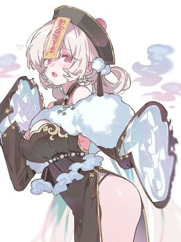 1girl bare_shoulders black_dress black_hat blush breasts china_dress chinese_clothes cleavage cowboy_shot detached_sleeves dress earrings fang flying_sweatdrops hair_rings hat jewelry jiangshi jiangshi_costume large_breasts long_hair long_sleeves looking_at_viewer ofuda open_mouth original pelvic_curtain pink_eyes pom_pom_(clothes) qingdai_guanmao simple_background skin_fang sleeves_past_fingers sleeves_past_wrists solo stemiomio talisman very_long_hair white_background white_hair wide_sleeves