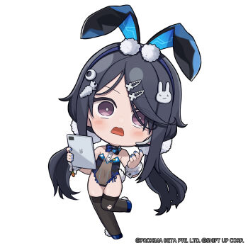 1girl animal_ears blue_leotard blue_nails blue_shoes breasts bright_pupils carrot_hair_ornament chibi commentary covered_navel english_commentary exia_(hacker_rabbit)_(nikke) exia_(nikke) fake_animal_ears fake_tail food-themed_hair_ornament goddess_of_victory:_nikke hair_ornament hairclip highleg highleg_leotard highres holding holding_tablet_pc leotard long_hair looking_at_viewer low_twintails nail_polish no_nose official_art open_mouth parted_bangs playboy_bunny purple_eyes rabbit_ears rabbit_hair_ornament rabbit_tail shoes sleeves_past_wrists small_breasts solo standing standing_on_one_leg tablet_pc tail thighhighs thighs torn_clothes torn_thighhighs totatokeke twintails very_long_hair white_pupils