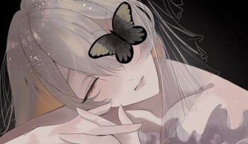 1girl bare_shoulders black_background brown_hair bug butterfly butterfly_over_eye closed_eyes closed_mouth collarbone colored_inner_hair commentary english_commentary facing_viewer highres insect interlocked_fingers klara_charmwood klara_charmwood_(2nd_costume) long_hair multicolored_hair neva_nabi nijisanji nijisanji_en orange_hair portrait solo veil virtual_youtuber
