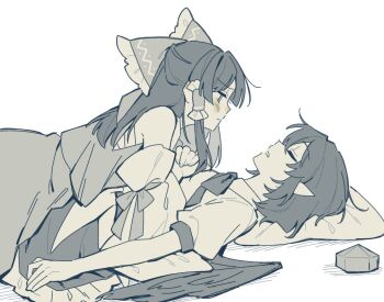 Rule 34 | 2girls, bird wings, blush, bow, closed eyes, closed mouth, collared shirt, commentary, frilled bow, frilled hair tubes, frilled skirt, frills, girl on top, hair bow, hair tubes, hakurei reimu, hat, long hair, looking at another, lying, monochrome, multiple girls, on back, open mouth, own hands together, pointy ears, puffy short sleeves, puffy sleeves, sakic43899, shameimaru aya, shirt, short sleeves, skirt, sleeping, tokin hat, touhou, unworn hat, unworn headwear, wings, yuri