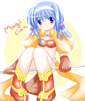 1girl 2000s_(style) bikini bikini_top_only blue_eyes blue_hair blush boots brown_bikini brown_boots brown_capelet brown_gloves brown_skirt capelet character_name closed_mouth commentary_request full_body gloves hairband koba-p long_hair looking_at_viewer mage_(ragnarok_online) ragnarok_online skirt smile solo swimsuit white_background white_hairband